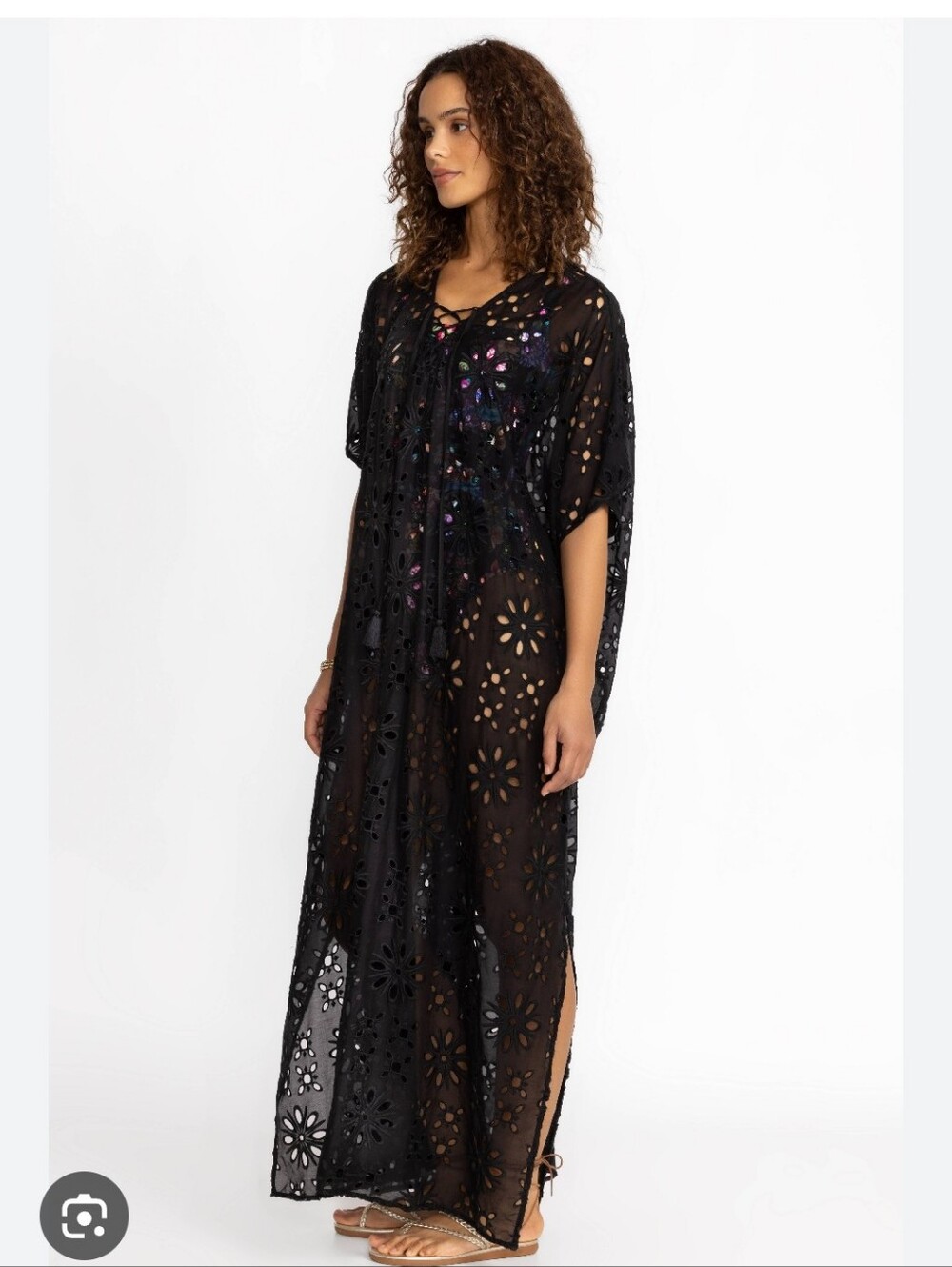 Johnny Was Black Floral Cutout Lace-Up Maxi Kaftan msrp $298